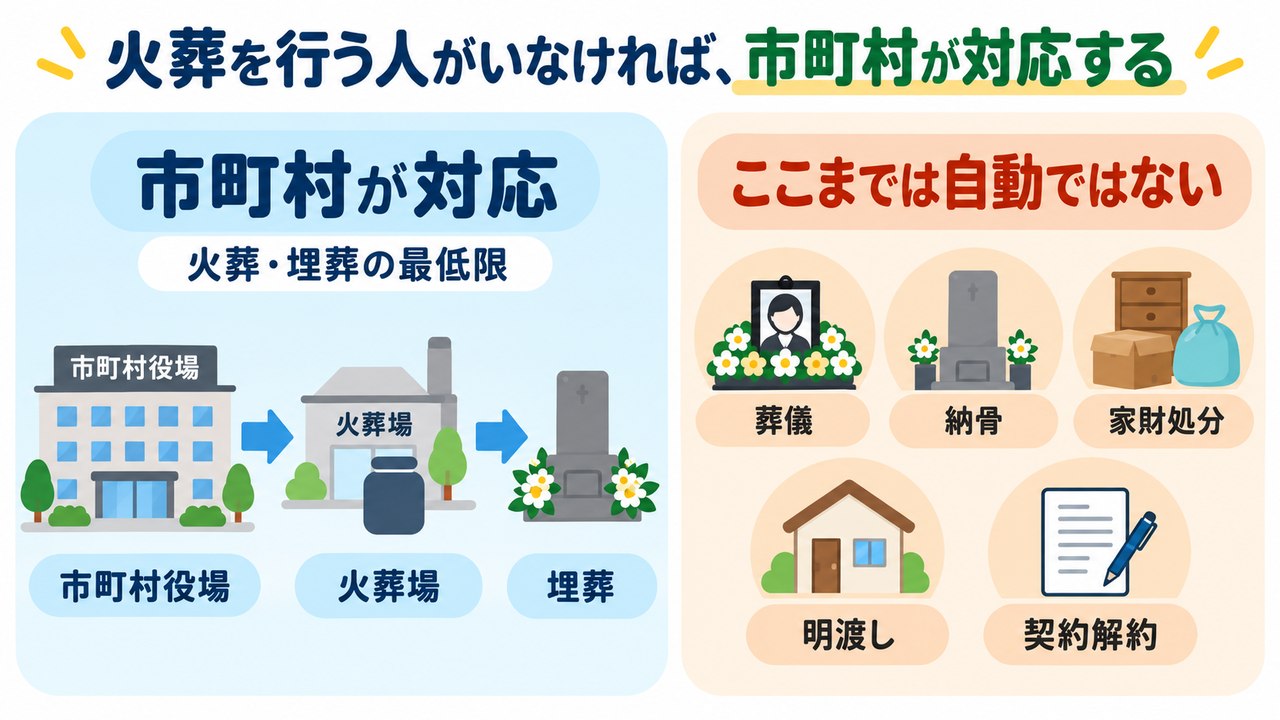 火葬を行う人がいない場合に市町村が火葬と埋葬の最低限を担うことを示す図