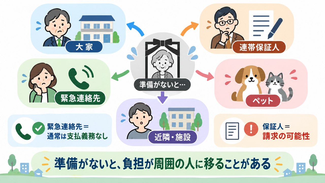 準備がない場合に大家、連帯保証人、緊急連絡先、近隣や施設などへ連絡や負担が及ぶことを示す図