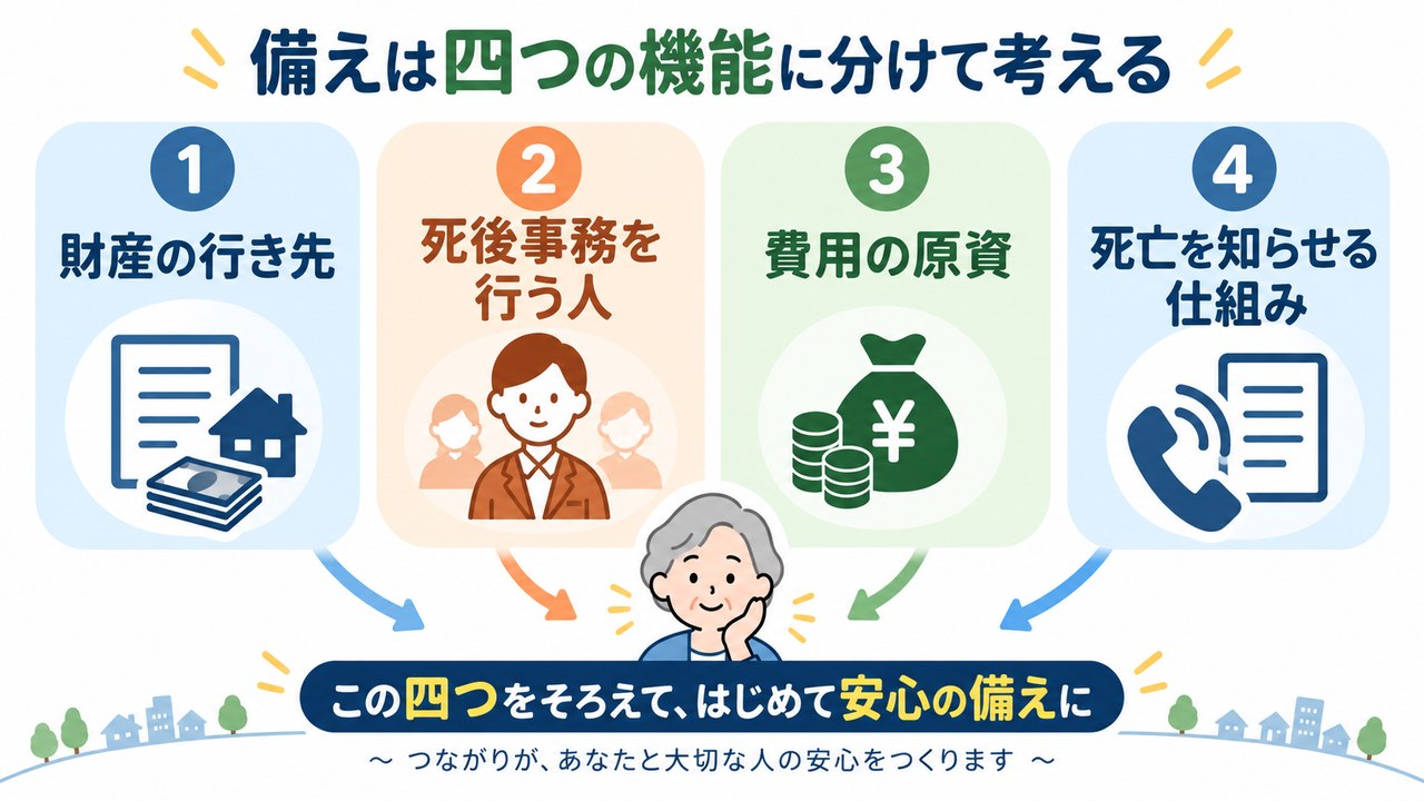財産の行き先、死後事務を行う人、費用の原資、死亡を知らせる仕組みの四つを示す図