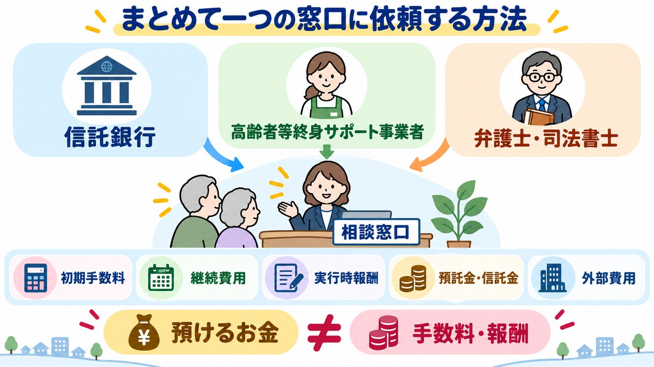 信託銀行、高齢者等終身サポート事業者、弁護士や司法書士へまとめて相談する方法