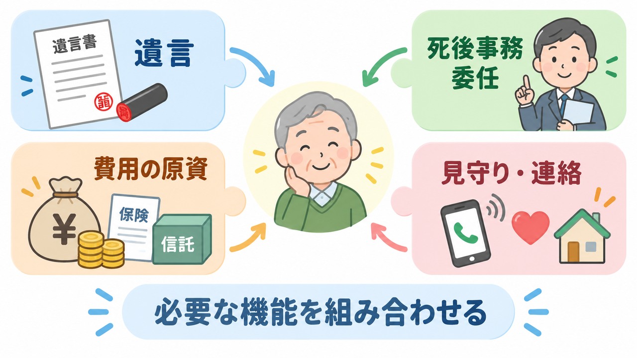 遺言、死後事務委任、費用の原資、見守りや連絡を個別に組み合わせる方法