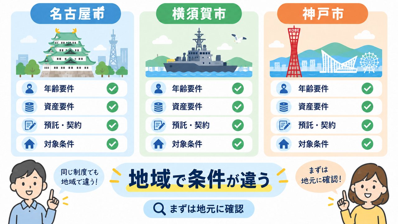 名古屋市、横須賀市、神戸市の終活支援制度で対象要件などが異なることを示す図