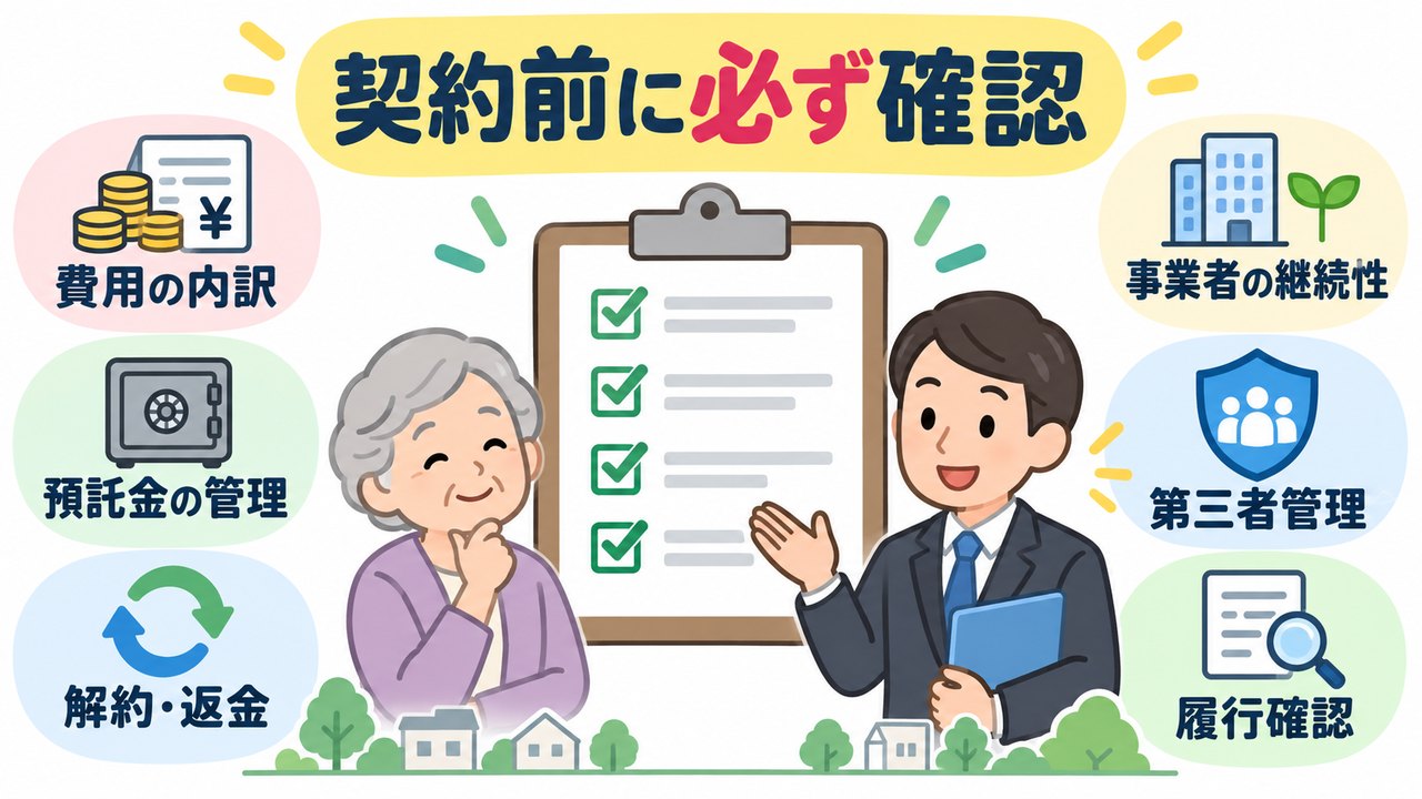 費用の内訳、預託金管理、解約返金、事業者の継続性、第三者管理、履行確認の確認項目