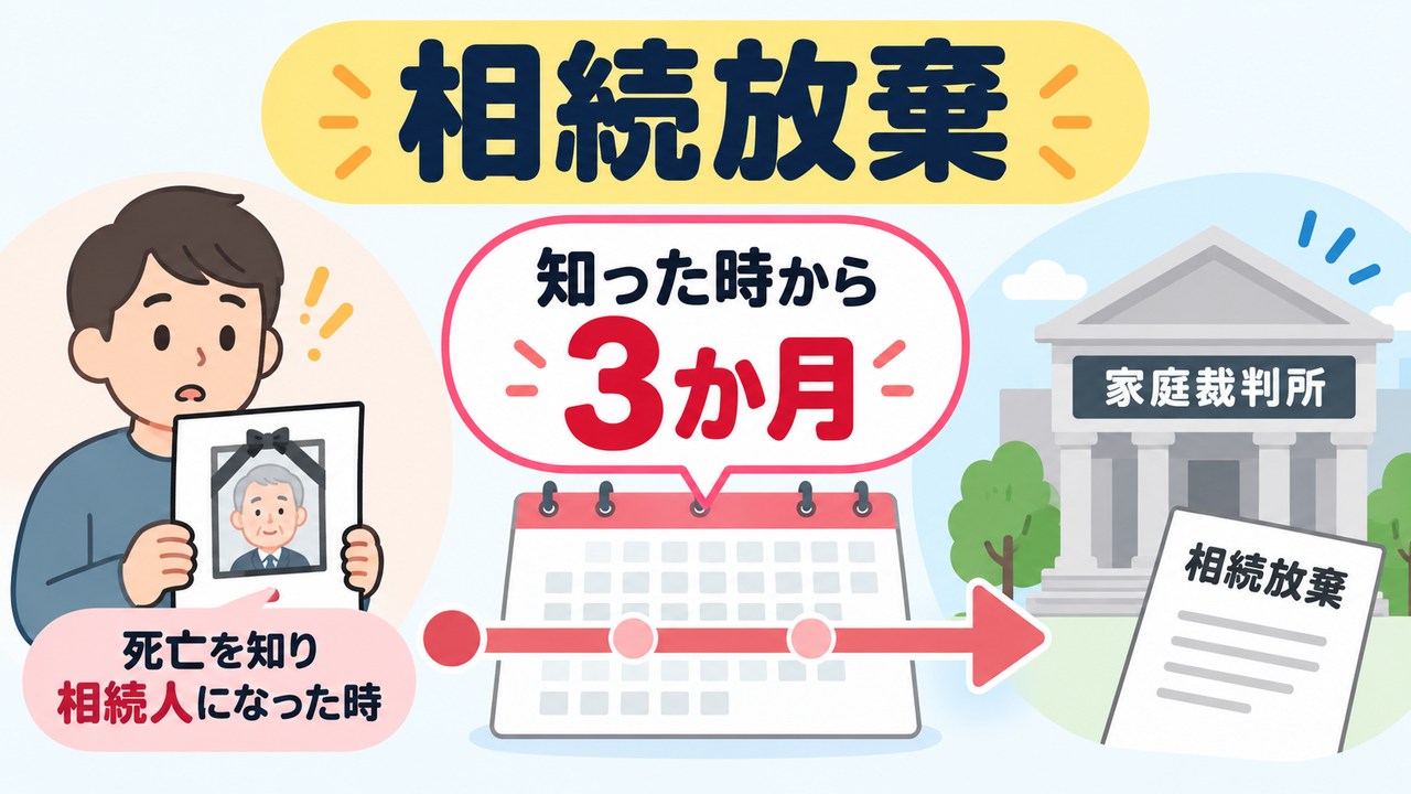 相続放棄は死亡と相続人になったことを知った時から3か月以内に家庭裁判所へ申し立てることを示す図