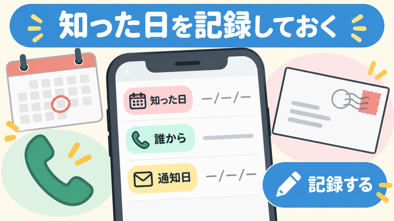 死亡を知った日、連絡者、通知日を記録することを示す図