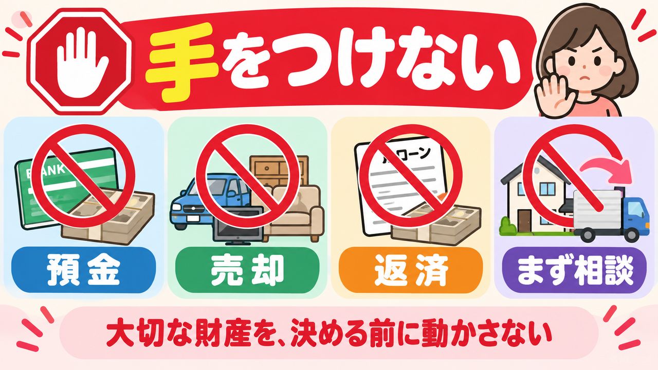預金の解約、家財の売却、借金返済、遺品の持ち帰りをせず先に相談するよう示す図