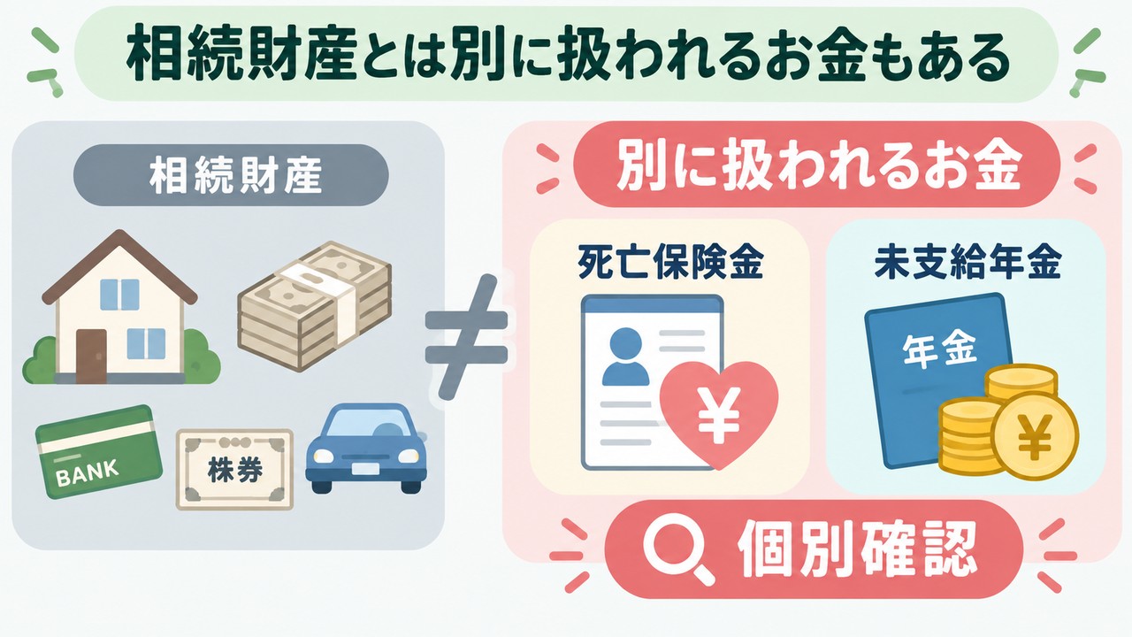 相続財産と死亡保険金や未支給年金は別に扱われることを示す図