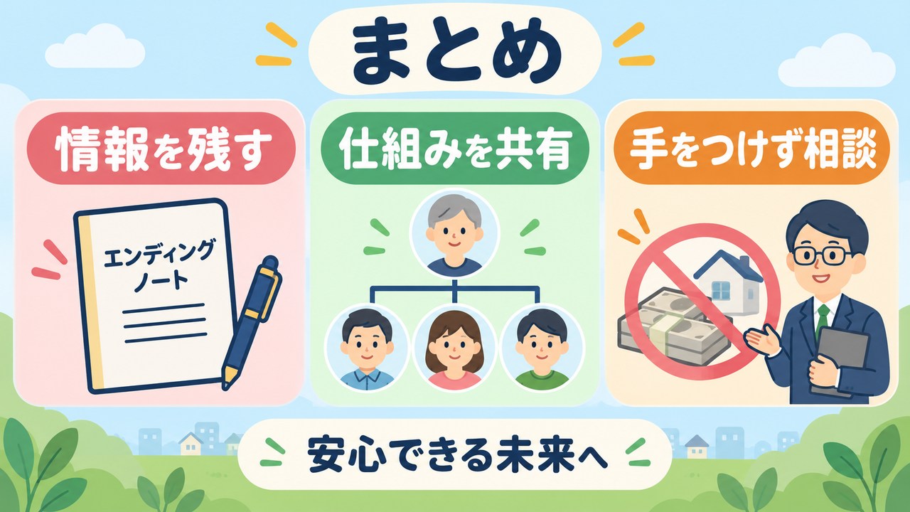 情報を残し仕組みを共有し財産に手をつけず相談する三つの備えを示す図