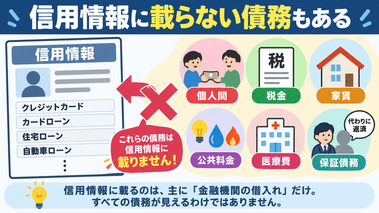 個人間の借入、税金、家賃、公共料金、医療費、保証債務は信用情報に載らない場合があることを示す図