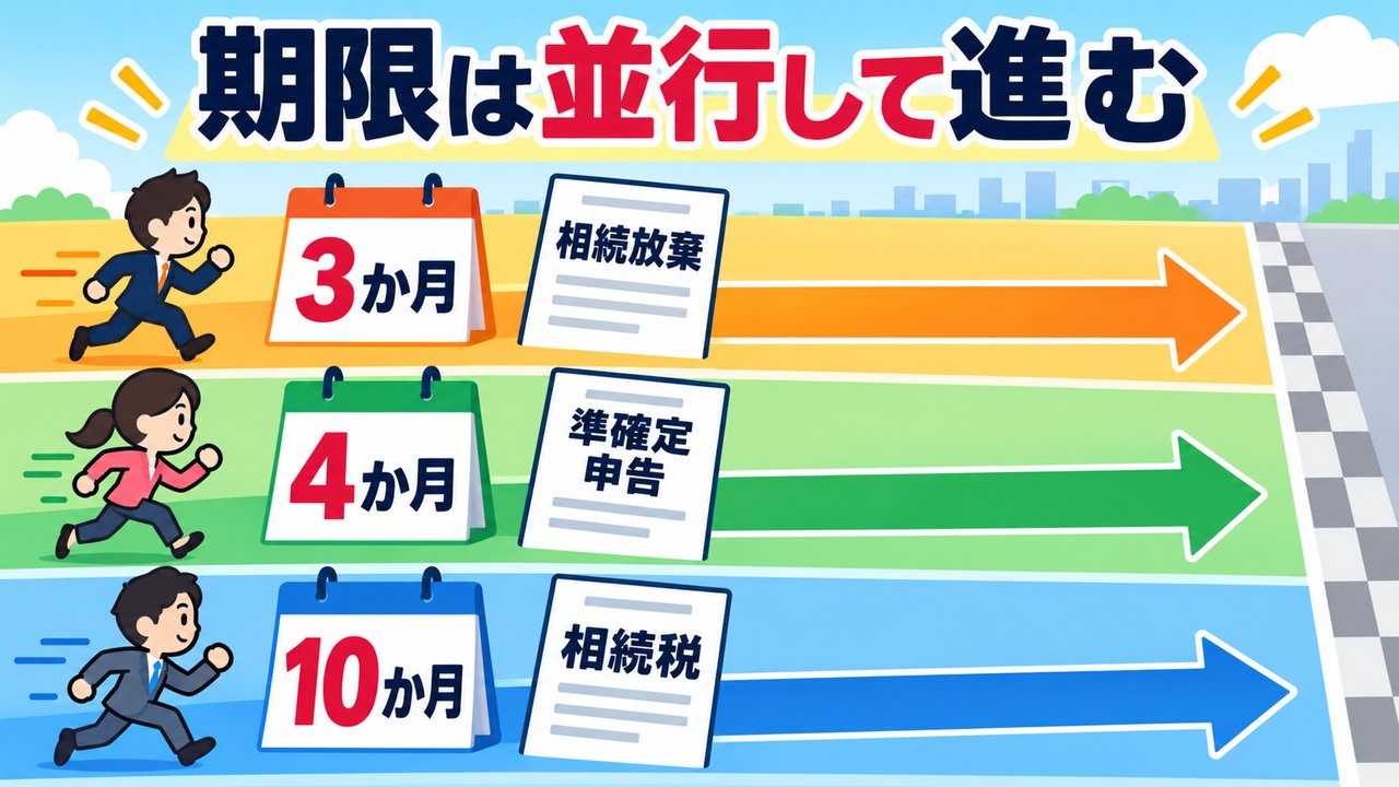 相続放棄3か月、準確定申告4か月、相続税10か月の期限が並行する図