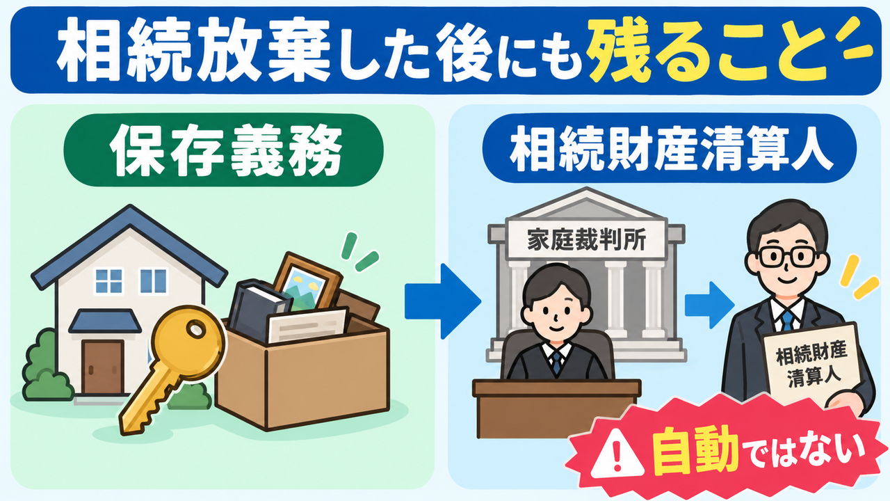 相続放棄後の保存義務と相続財産清算人が自動で選ばれないことを示す図