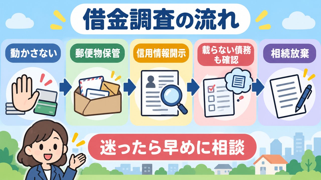 財産を動かさず郵便物を保管し信用情報と載らない債務を確認して相続放棄を検討する流れ