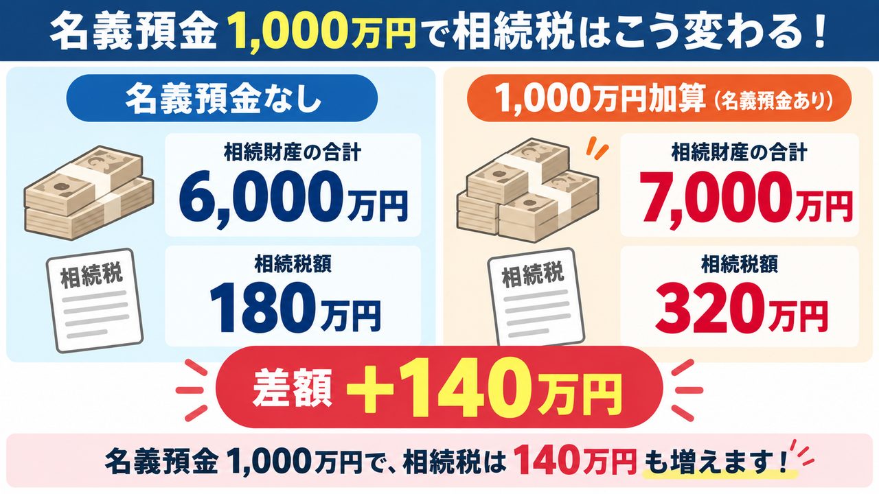名義預金1,000万円の加算で相続税が180万円から320万円になる試算