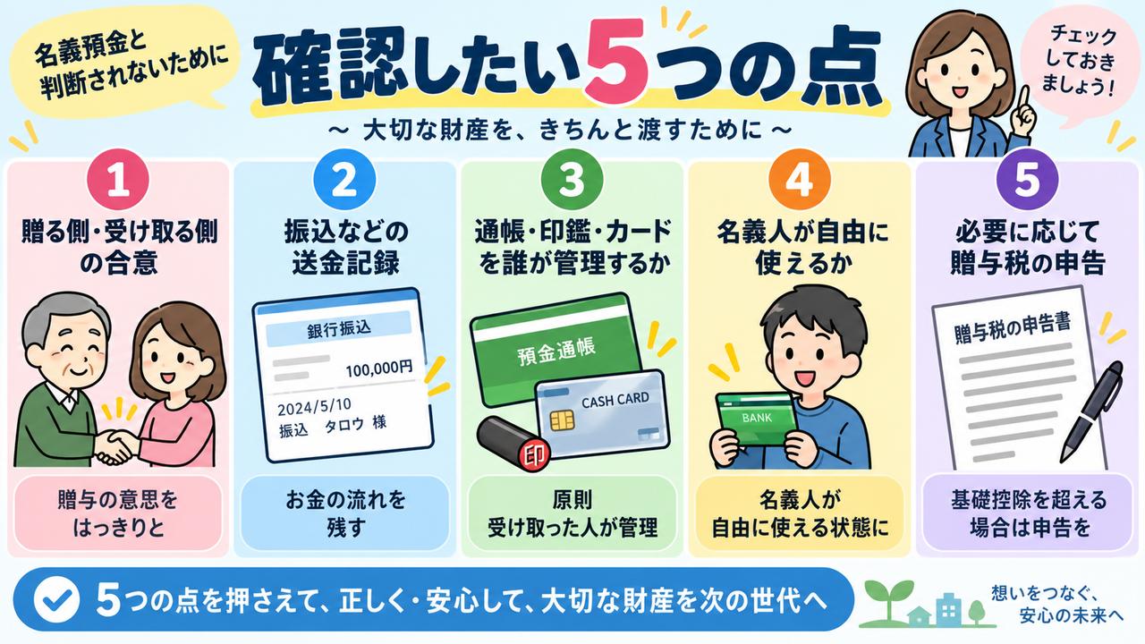 贈与の合意、振込記録、本人管理、自由な利用、贈与税申告の五つの確認点