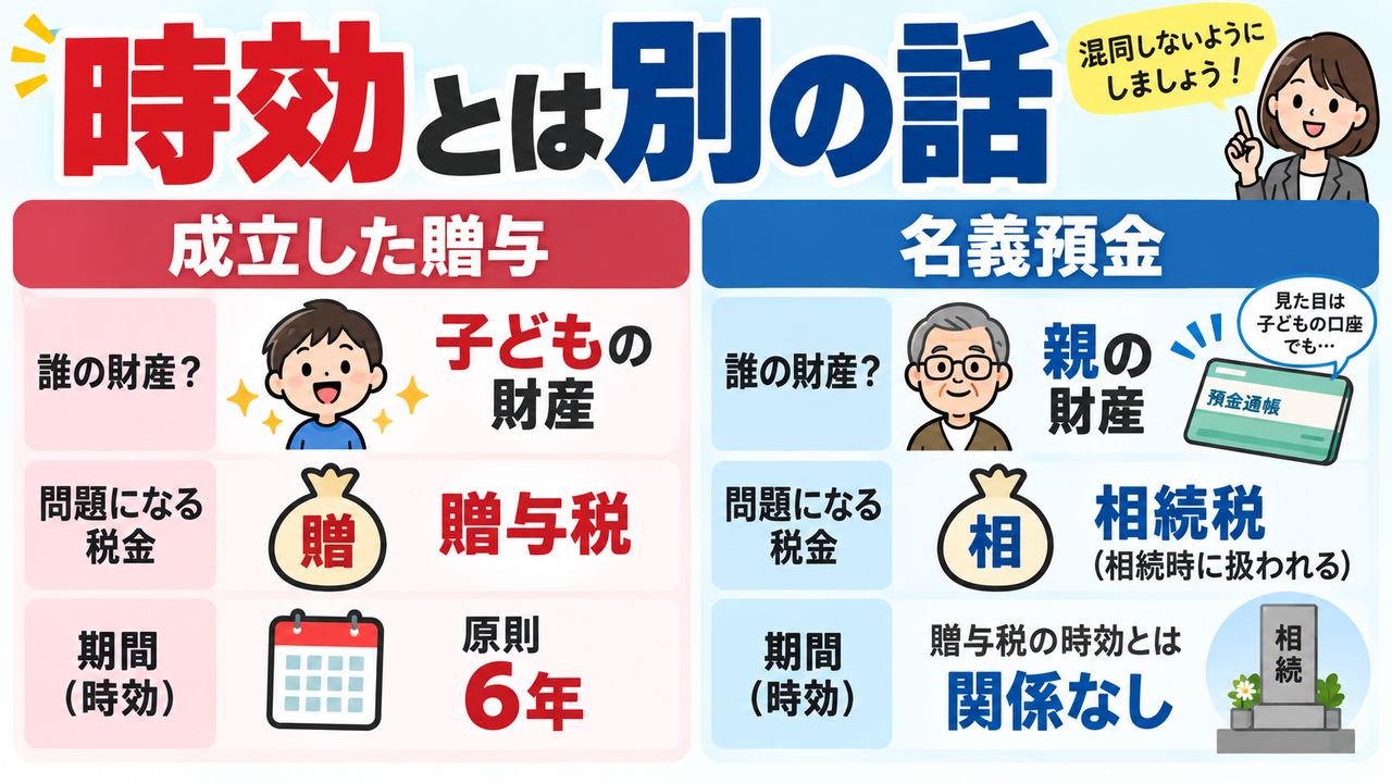 成立した贈与の贈与税と名義預金の相続税は別の問題であることを示す図