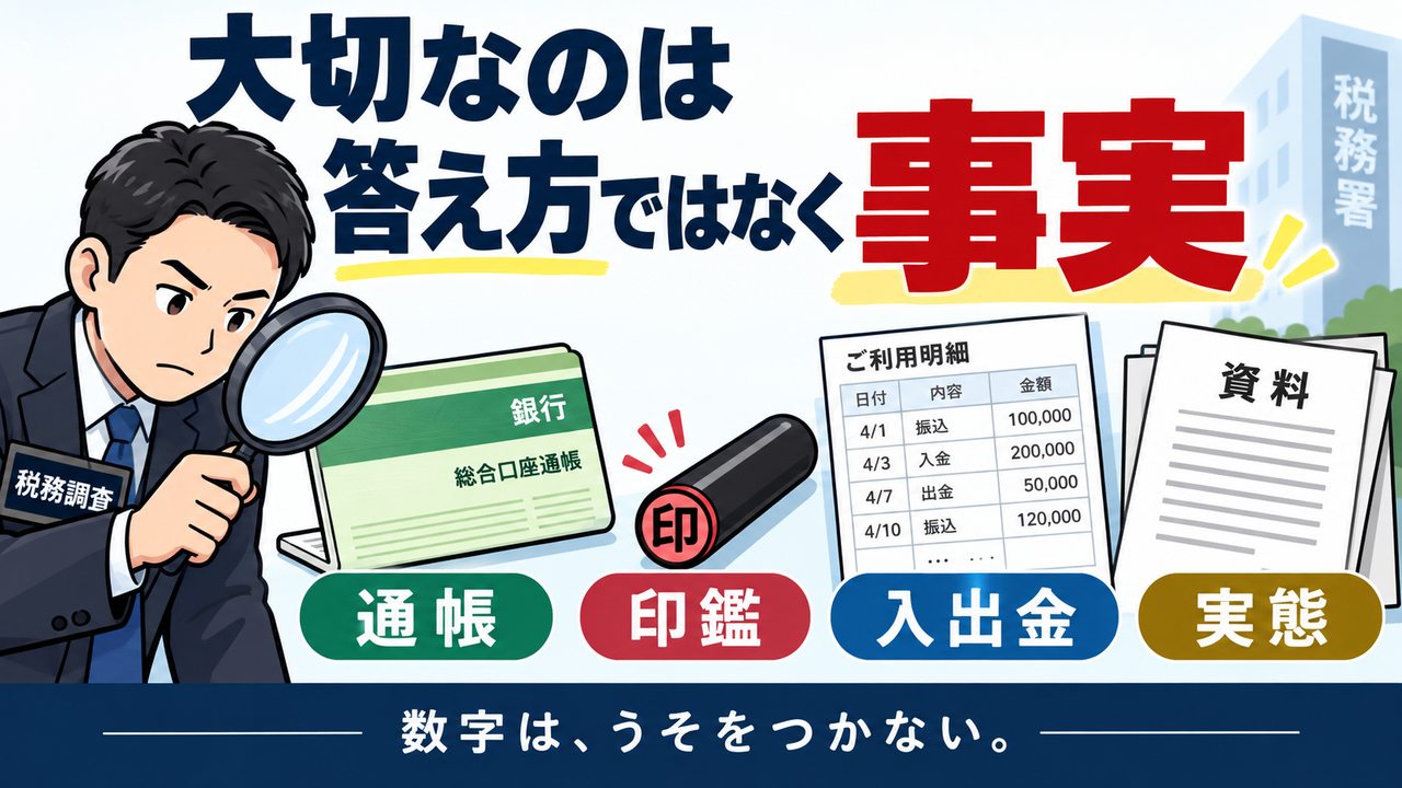 税務調査では通帳、印鑑、入出金と管理実態を確認することを示す図