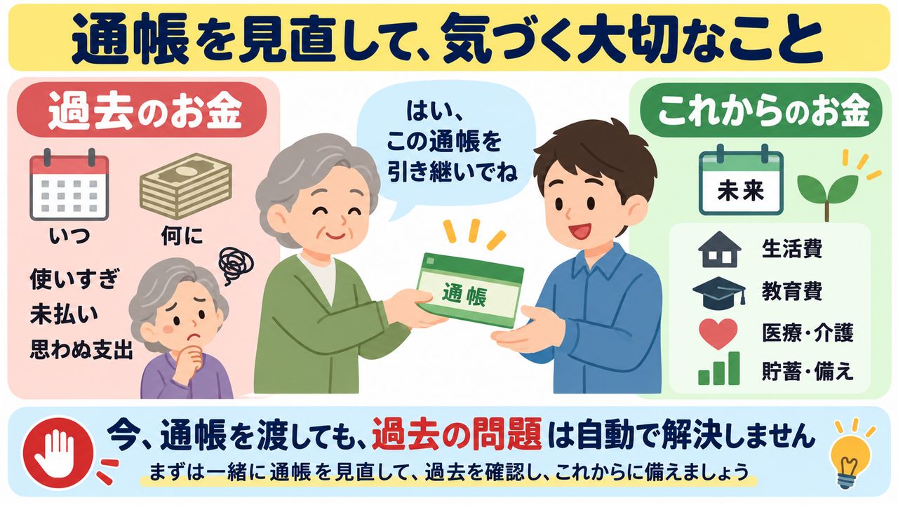 親から子へ通帳を渡し過去の残高と今後のお金を分けて考える図
