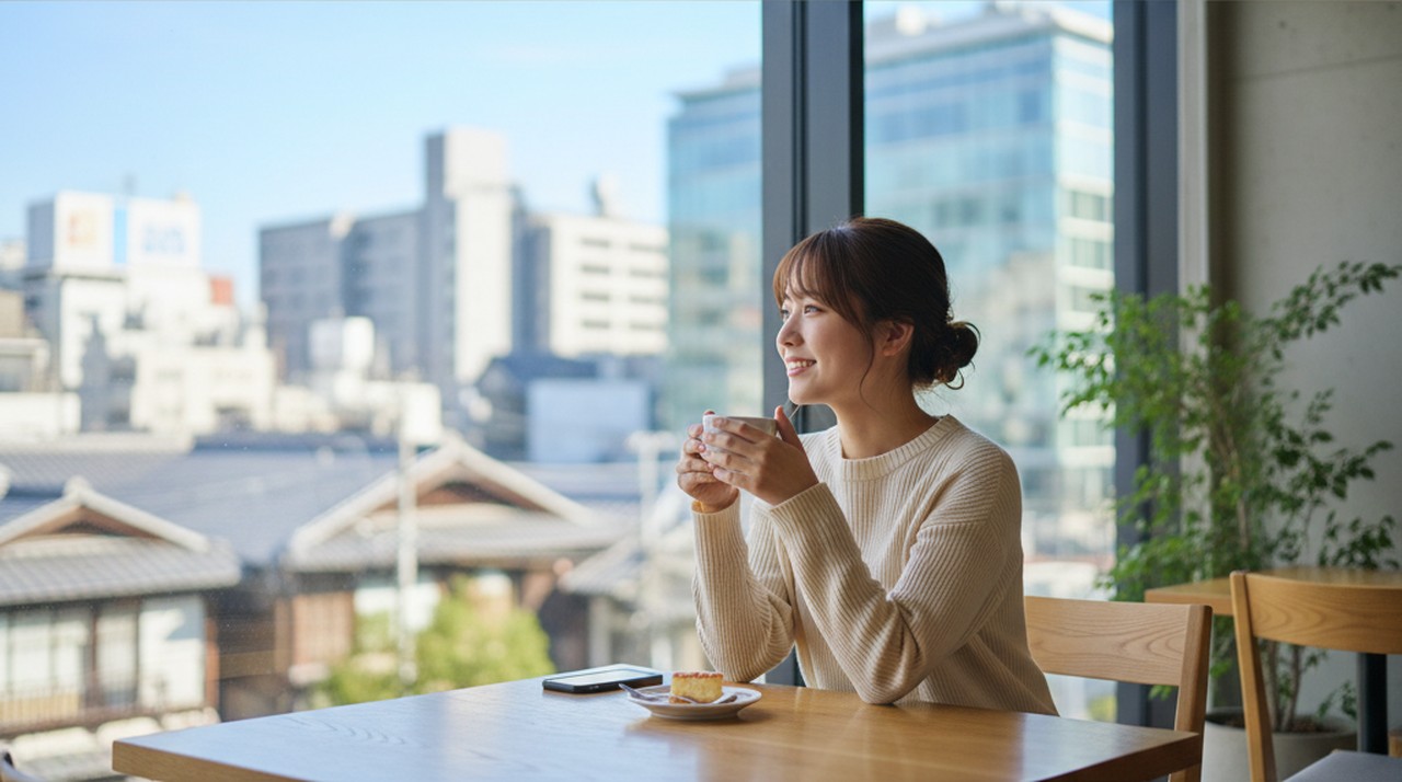 カフェの窓辺で将来を考える若い女性