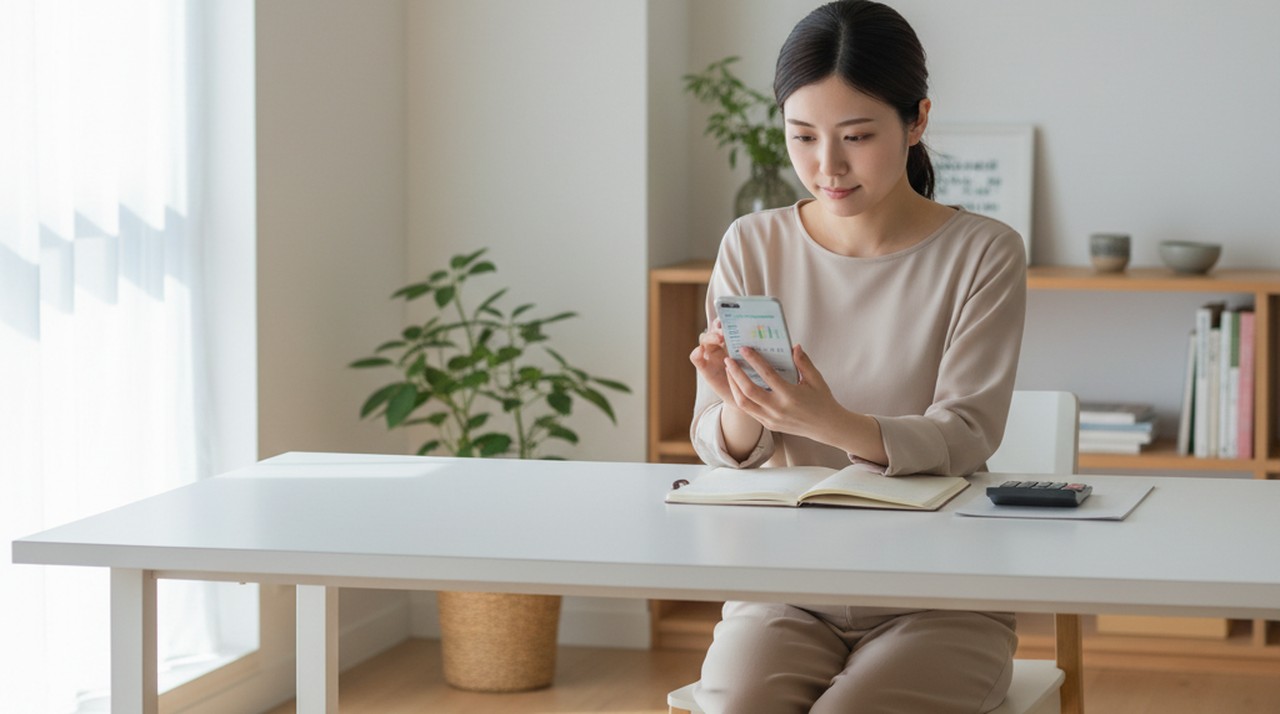 スマートフォンで家計管理アプリを確認する若い女性