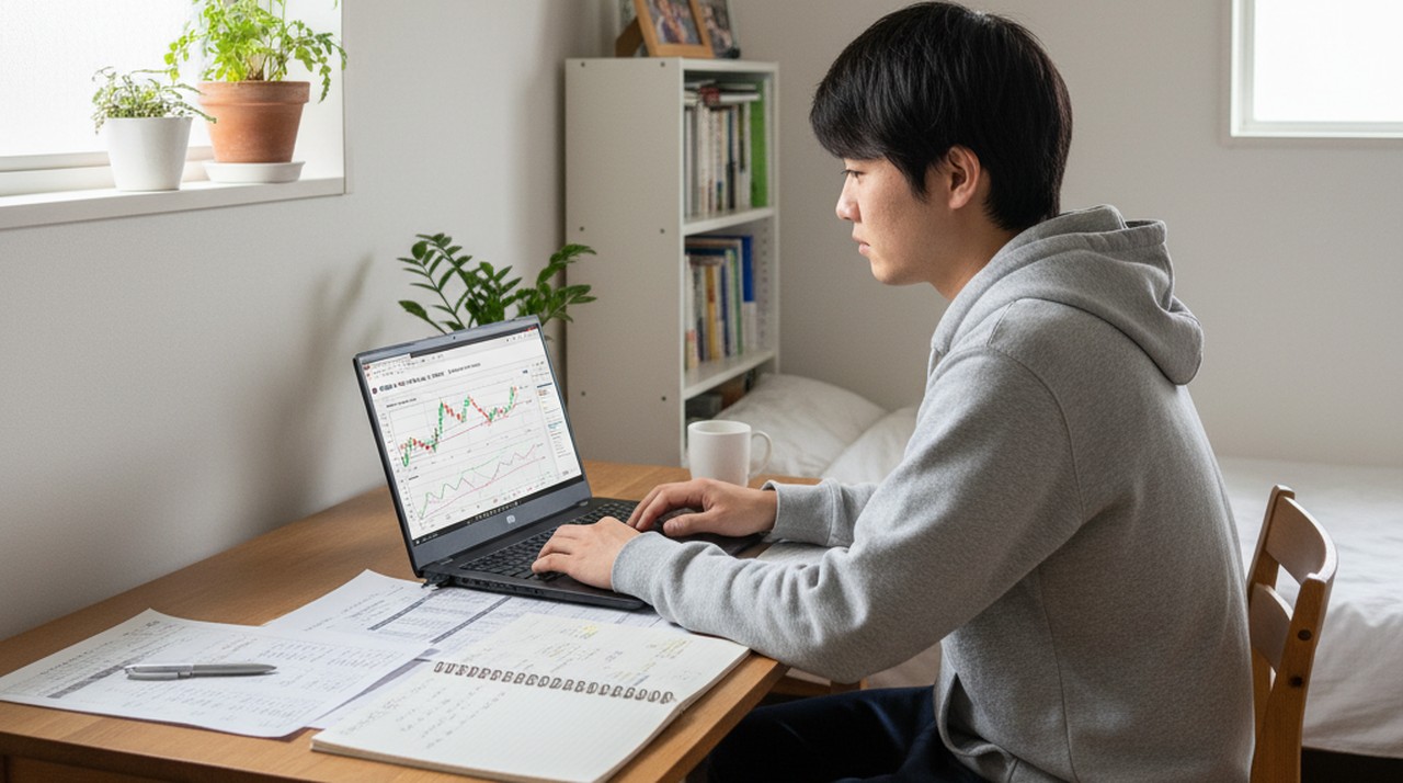 ワンルームで投資情報を調べる若い男性
