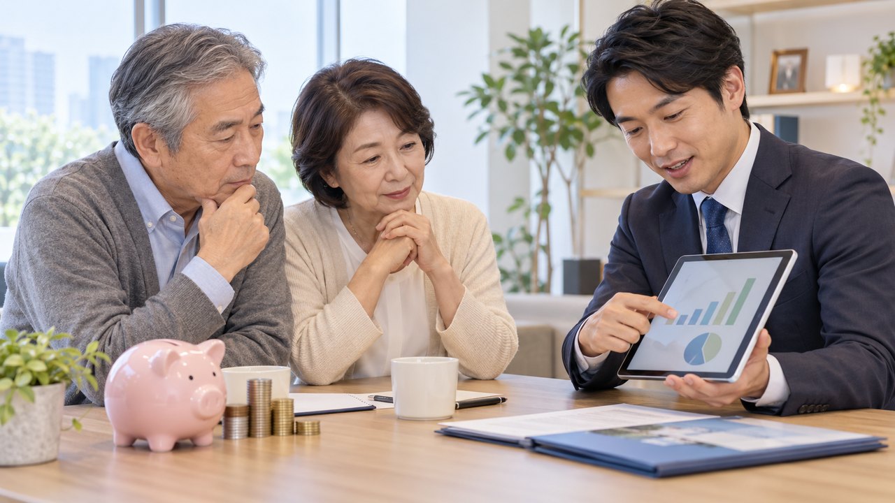 投資信託の運用について説明を受けるシニア夫婦