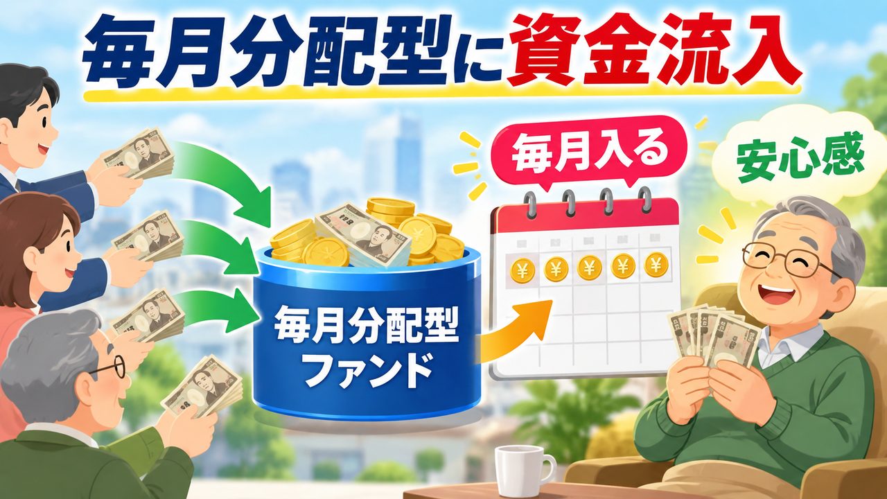 毎月分配型ファンドへ資金が流入し毎月の入金を安心材料にする様子