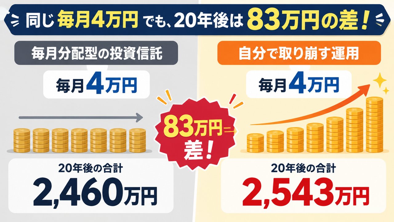 毎月4万円を受け取る二つの方法で20年後の合計に83万円の差が出る試算
