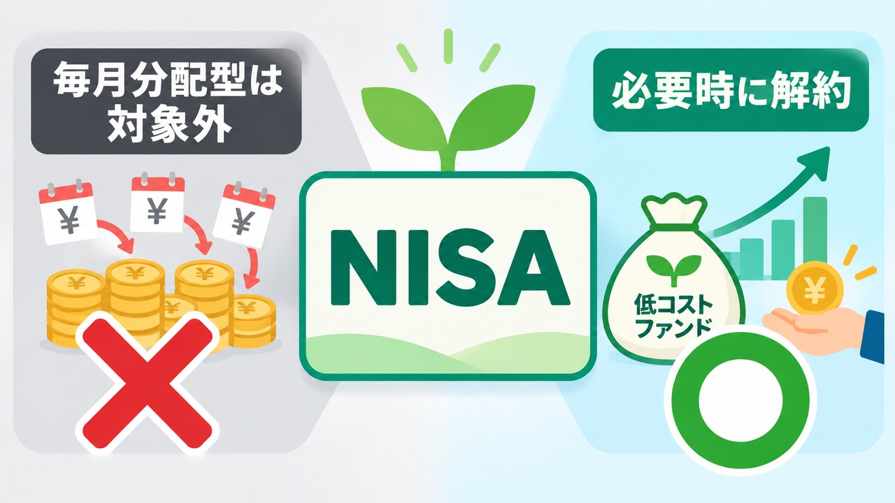 NISAでは毎月分配型が対象外で低コストファンドを必要時に解約する選択肢