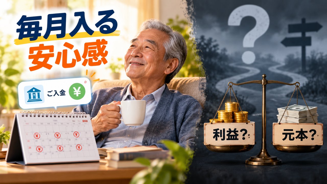 毎月入金される安心感と利益か元本か分からない不透明さを示す図