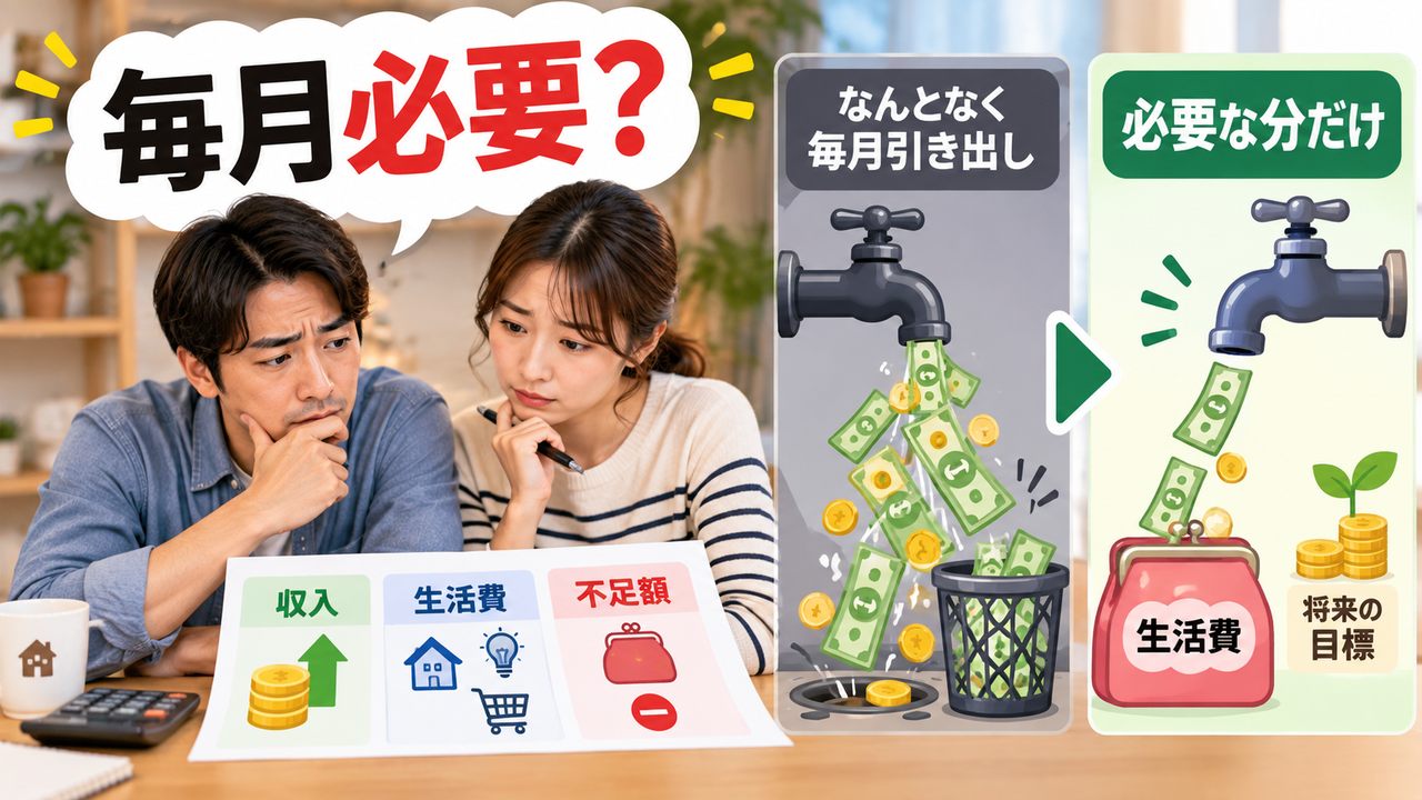毎月の自動引き出しと必要な分だけ取り崩す方法を比べる図