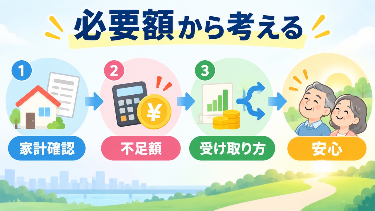 家計、不足額、受け取り方の順に考えて安心につなげる流れ