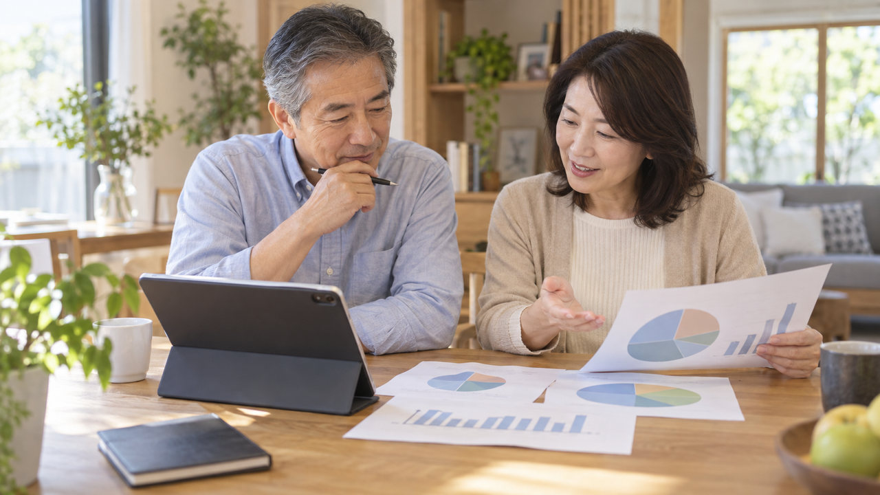 資産配分について話し合う50代の夫婦
