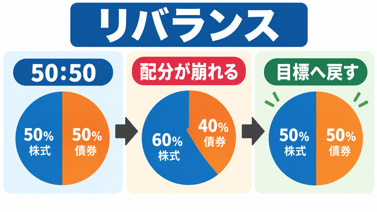 株高で60対40に崩れた株式と債券の配分を50対50へ戻すリバランス
