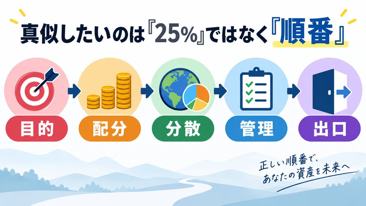 目的、配分、分散、管理、出口の順番で資産運用を考える図