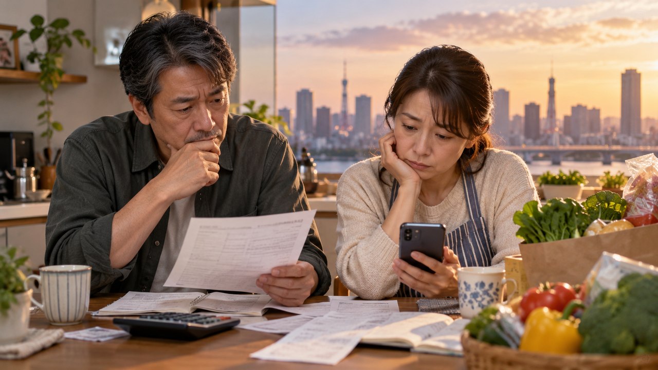 景気拡大のニュースと家計の負担を前に考える夫婦