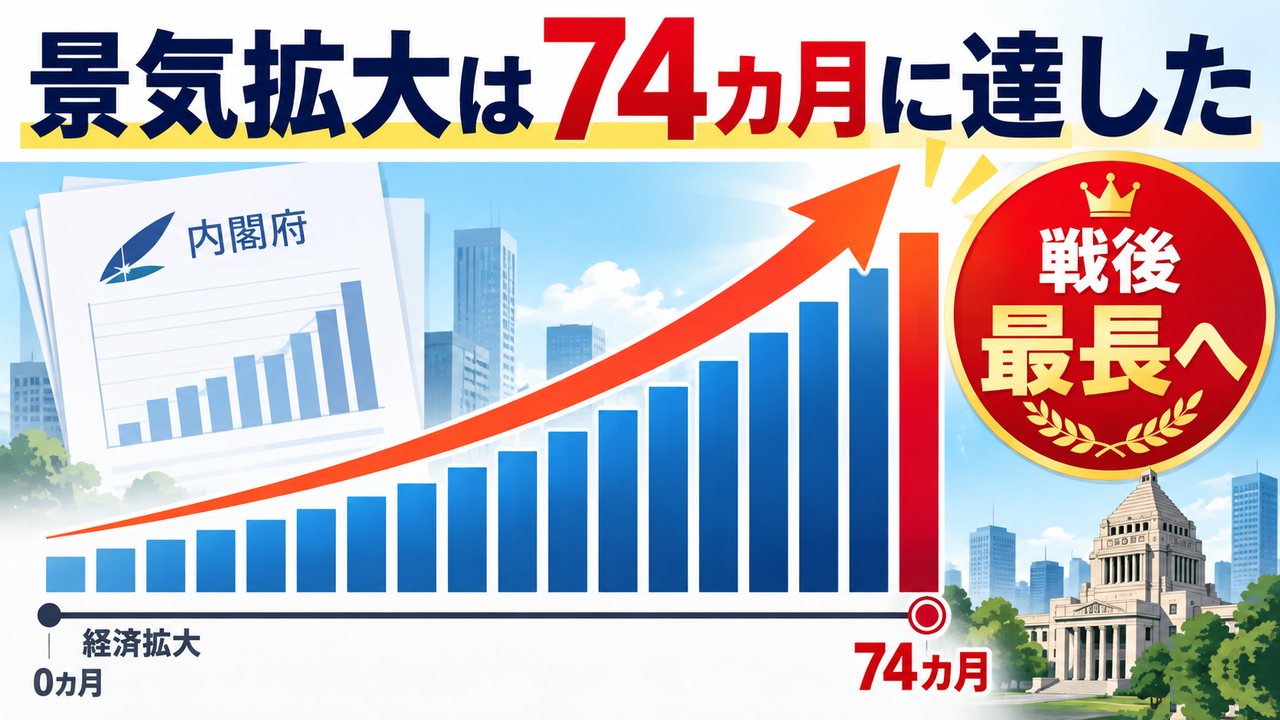 景気拡大が74カ月に達し戦後最長となる可能性を示す図