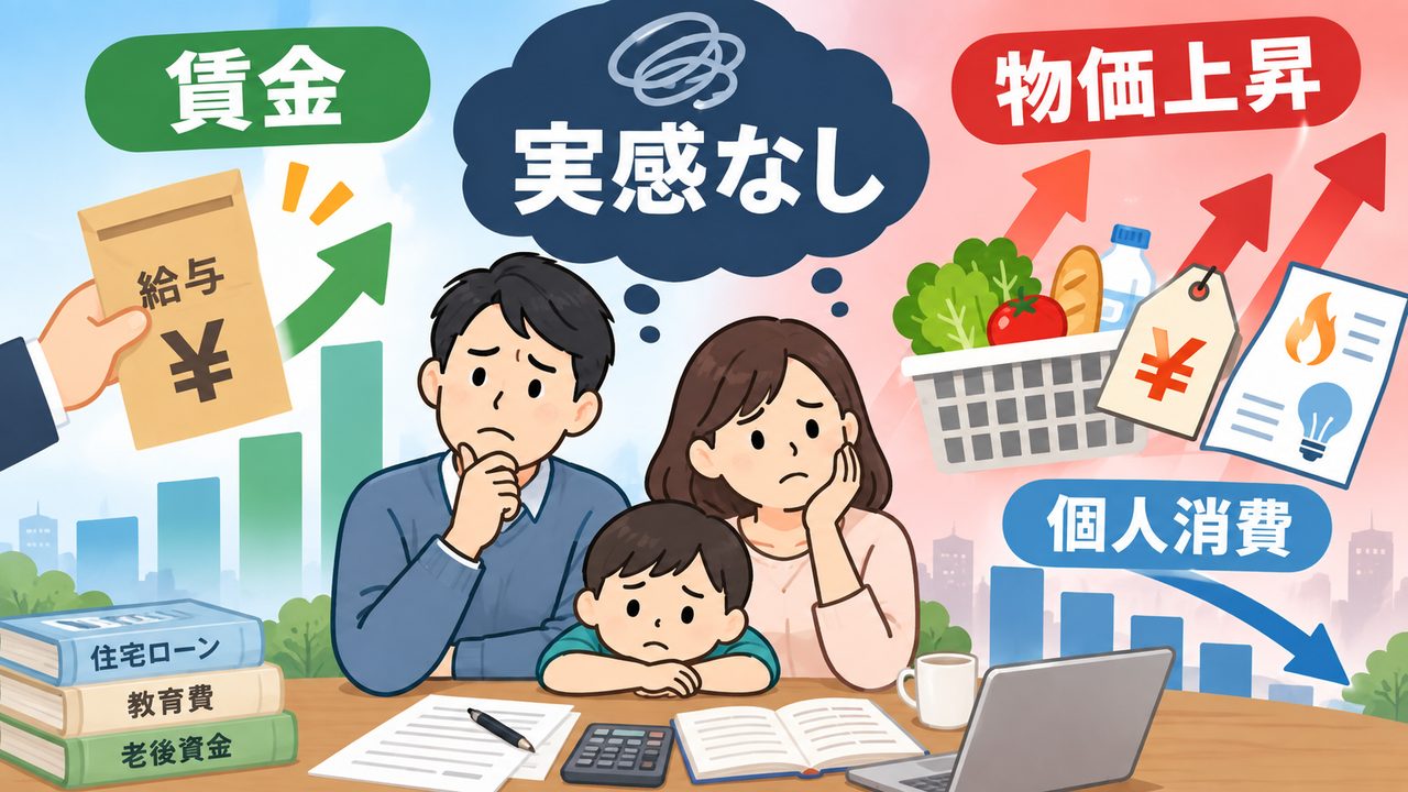 実質賃金と物価上昇と個人消費の関係を表す図
