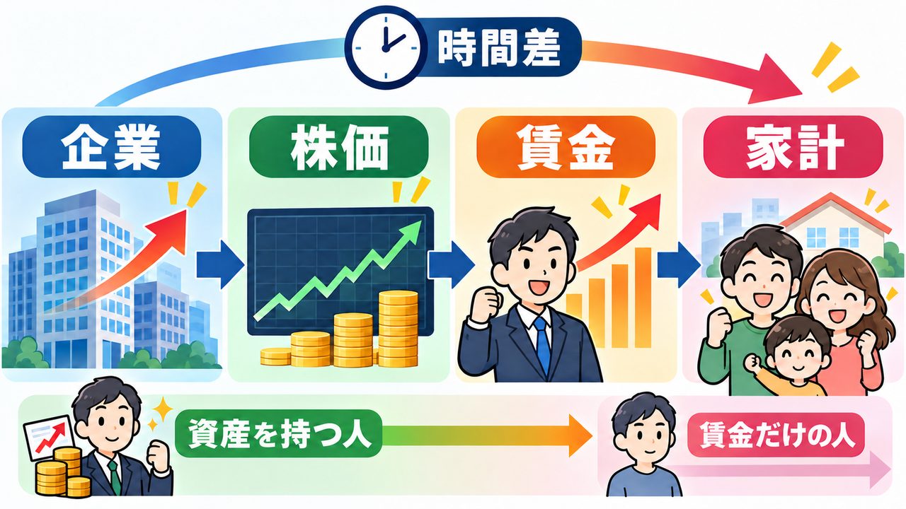 企業業績から株価、賃金、家計へ恩恵が届く時間差の図