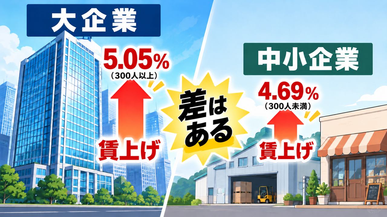 大企業と中小企業の賃上げ率には差があることを示す図