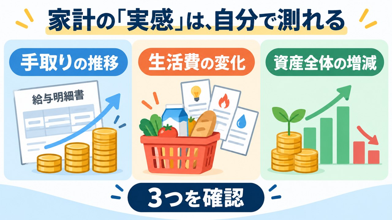 手取り、生活費、資産全体の増減という家計の3つの確認項目