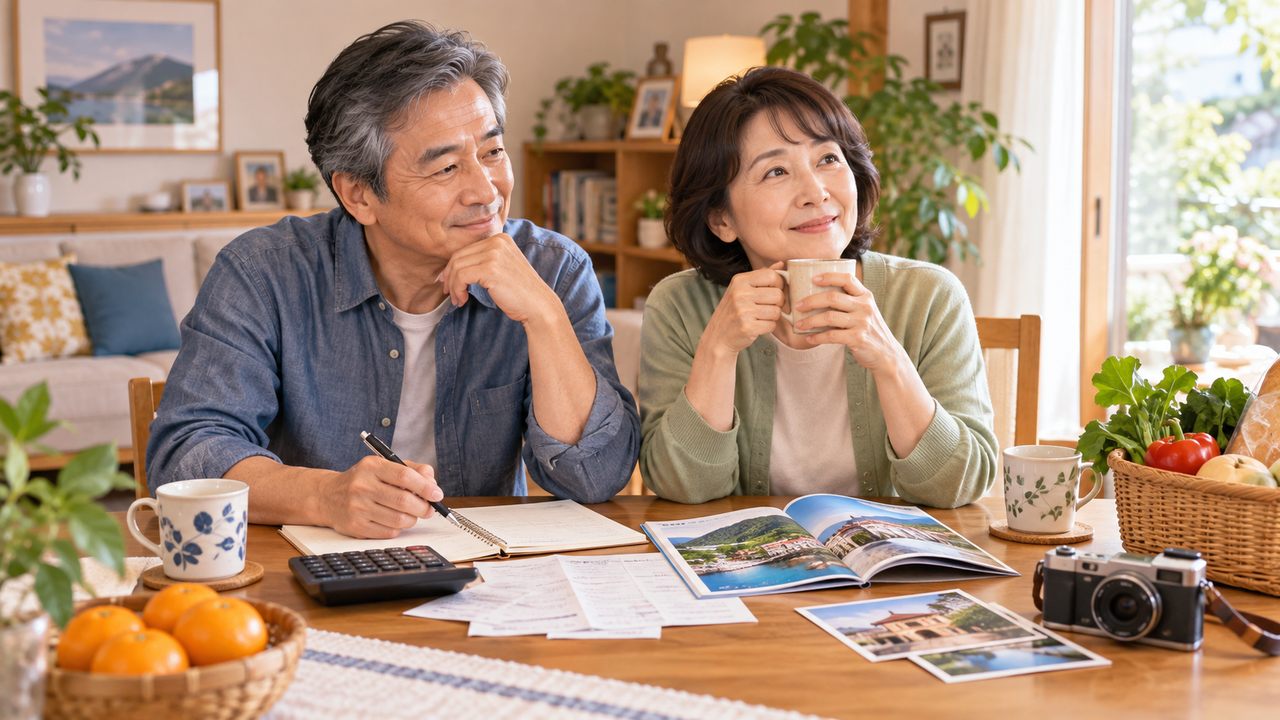 家計簿と旅行の計画を前にこれからのお金の使い方を考える夫婦