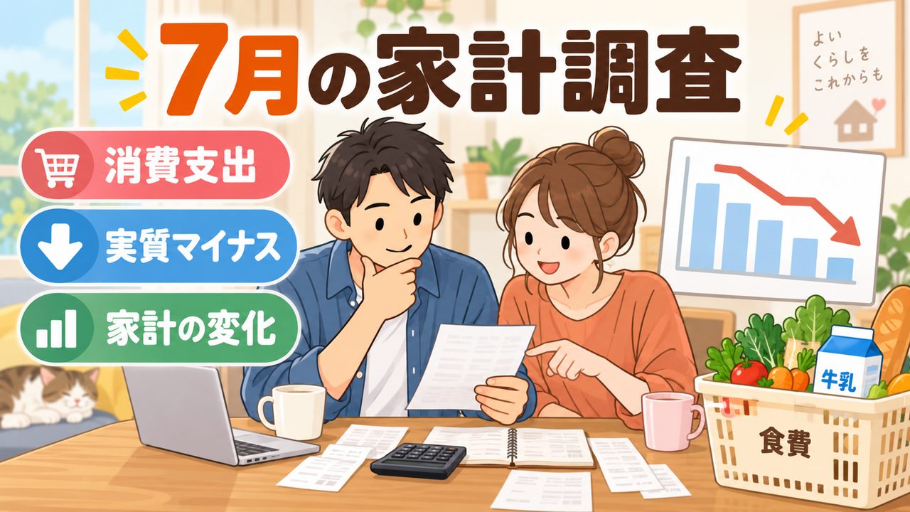 7月の家計調査で消費支出が実質マイナスとなったことを示す図
