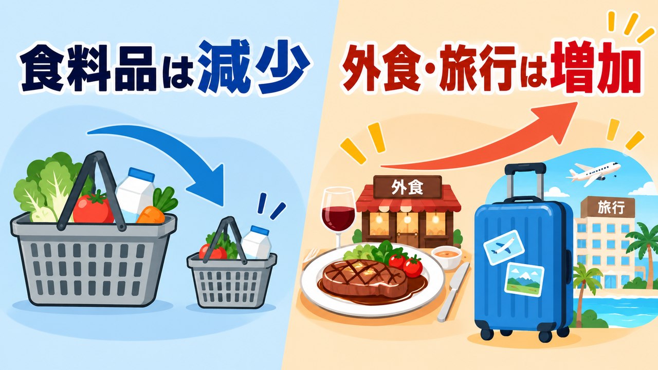食料品への支出が減る一方で外食と旅行への支出が増えたことを示す図
