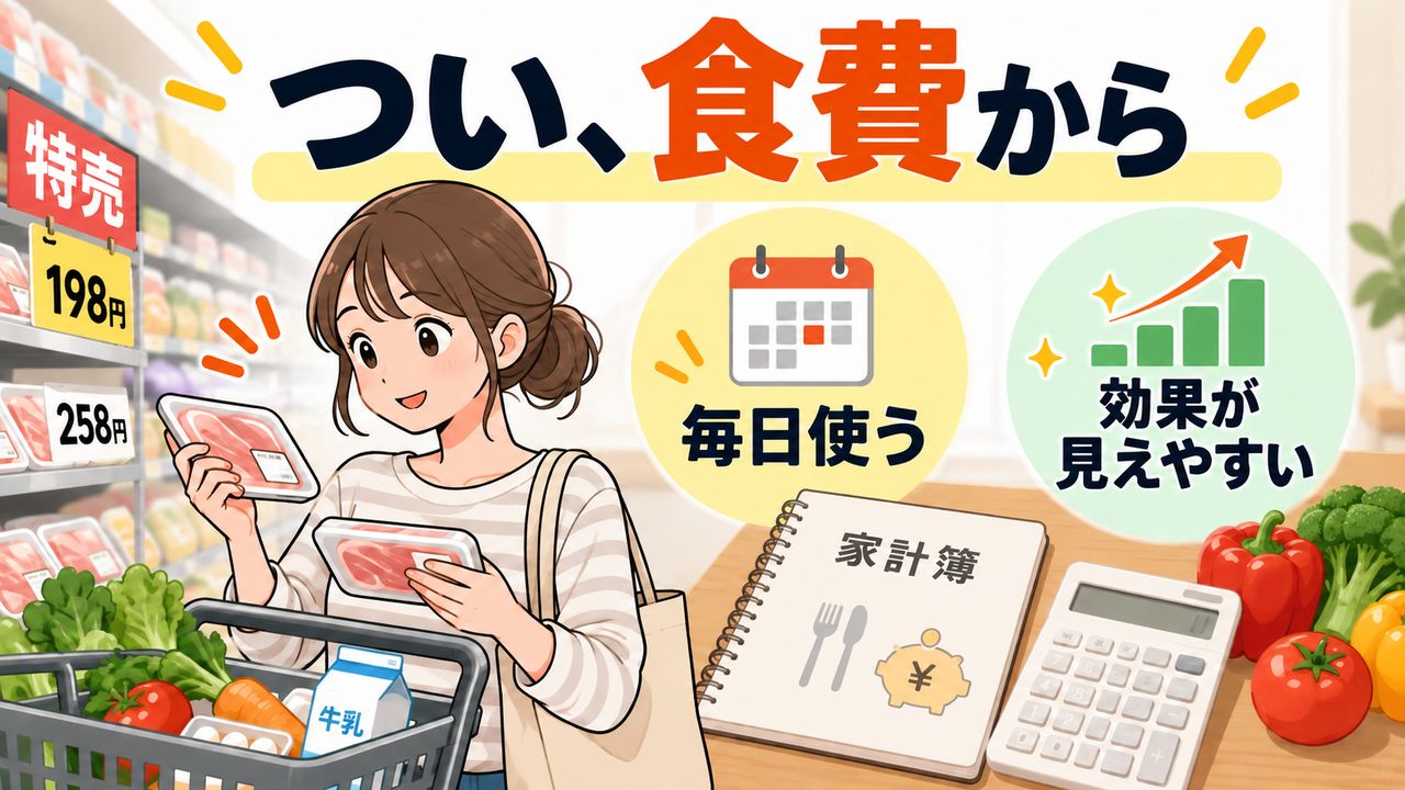 毎日使い効果が見えやすい食費から節約を始めやすいことを示す図