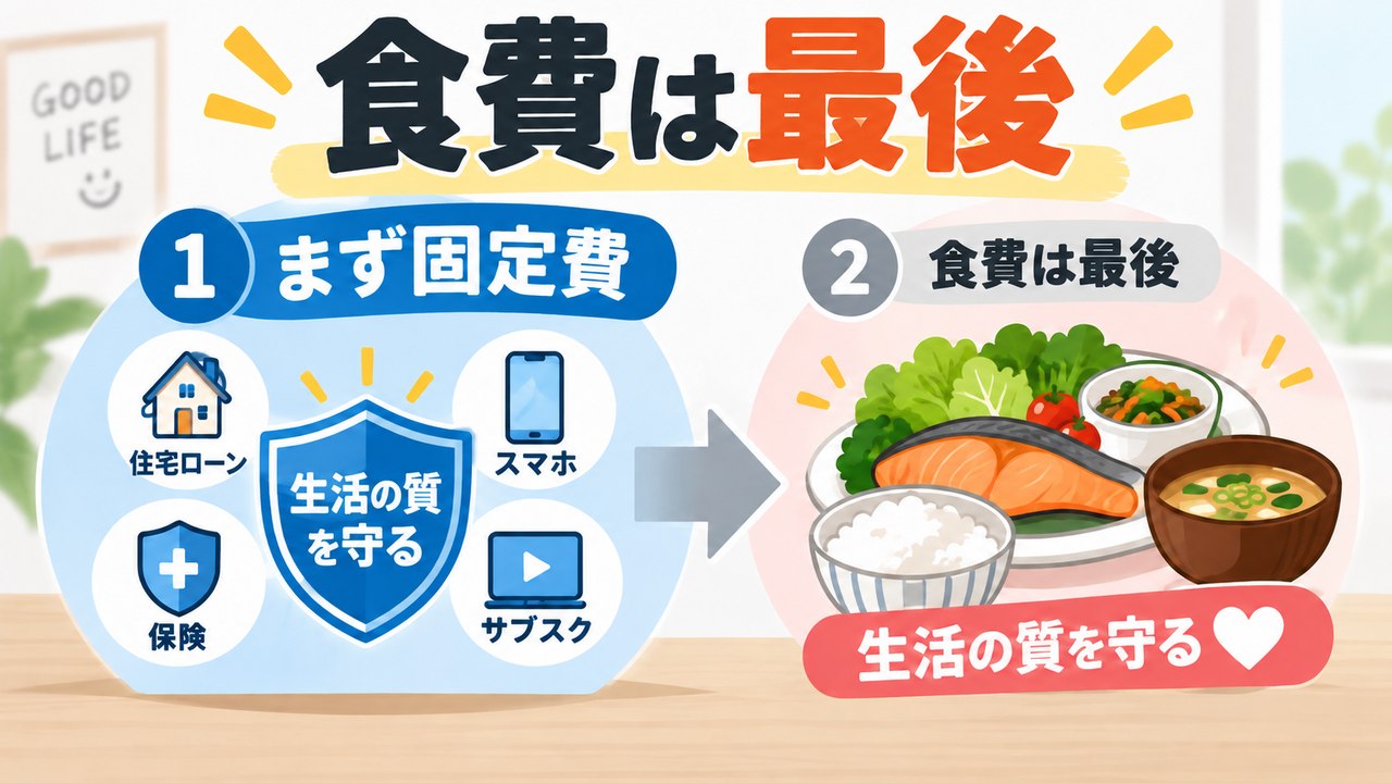 固定費を先に見直し食費は最後にする節約の順番を示す図