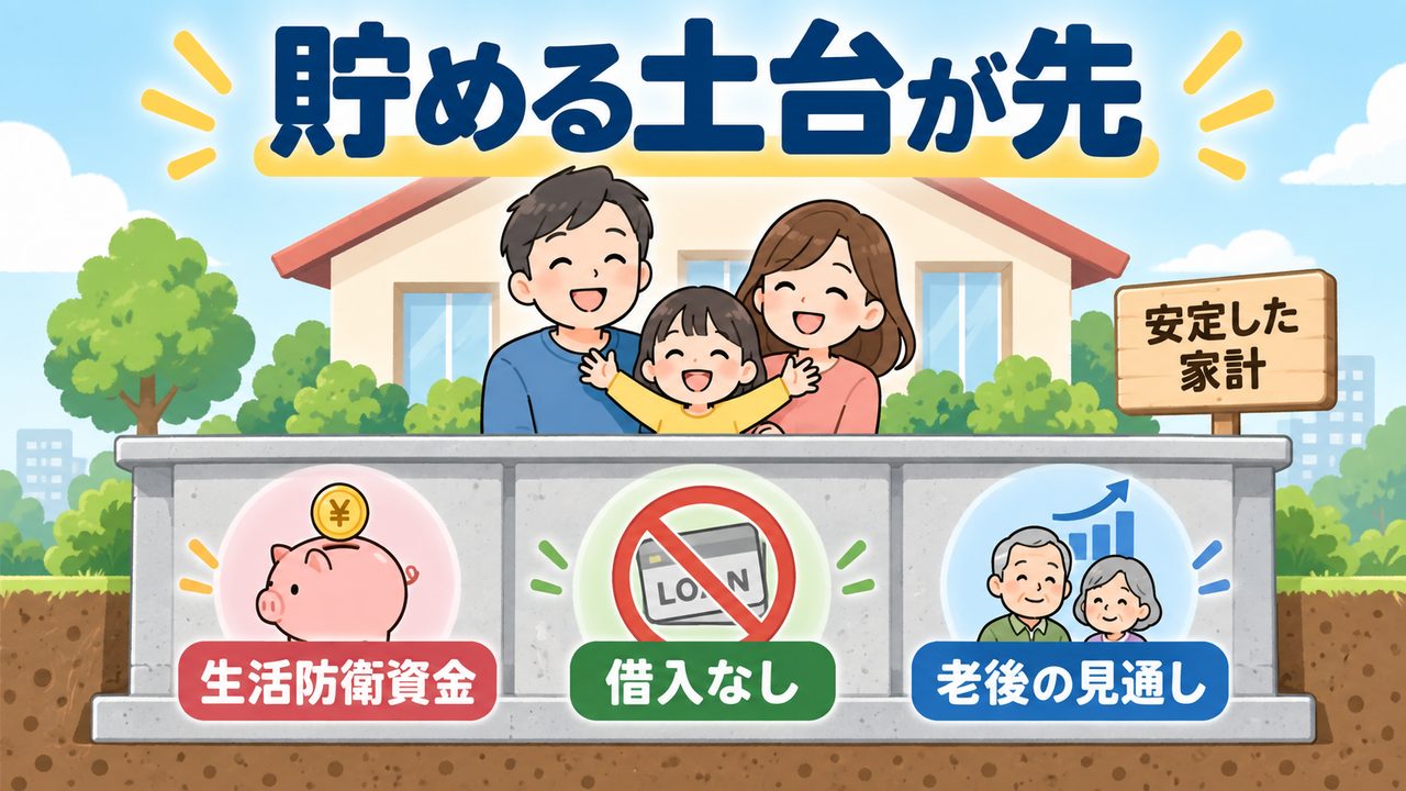 生活防衛資金と借入のない状態と老後の見通しを貯める土台として示す図