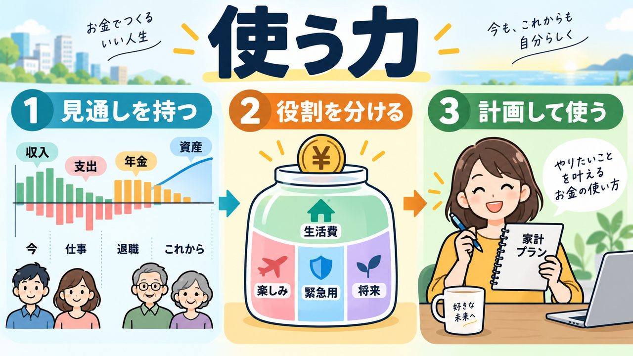 見通しを持ち資金の役割を分け計画して使う三つの段階を示す図
