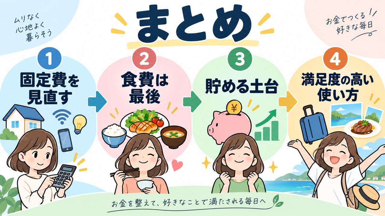 固定費を見直し食費を守り貯める土台から満足度の高い使い方へ進む流れを示す図