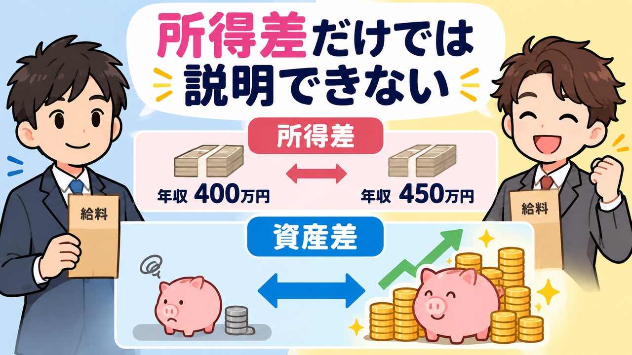 所得の差だけでは金融資産の差を説明できないことを示す図