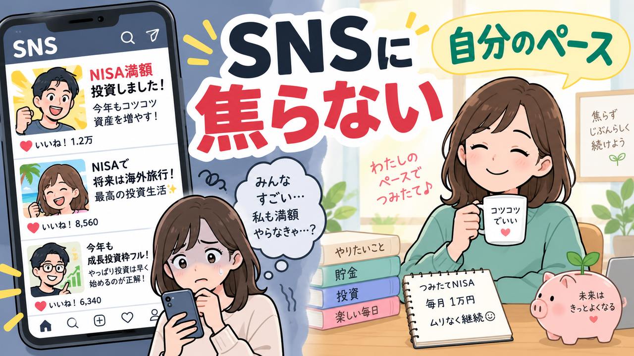 SNSのNISA満額投稿に焦らず自分のペースで積み立てる図